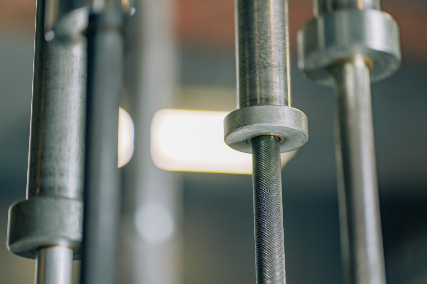 barbells on gym rack